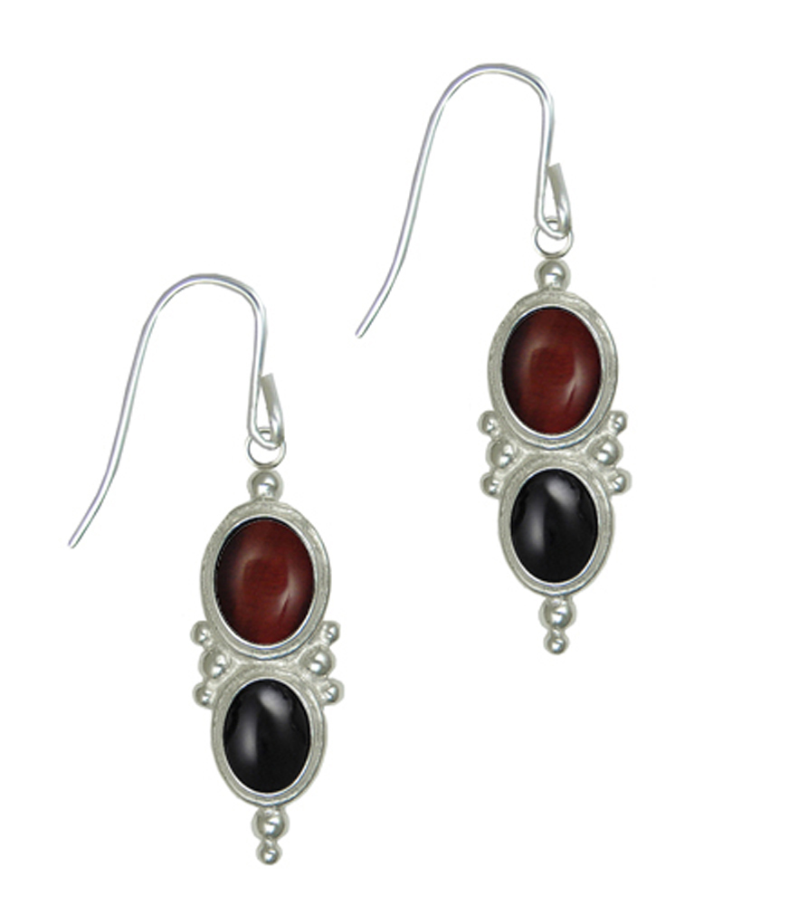 Sterling Silver Drop Dangle Earrings With Red Tiger Eye And Black Onyx